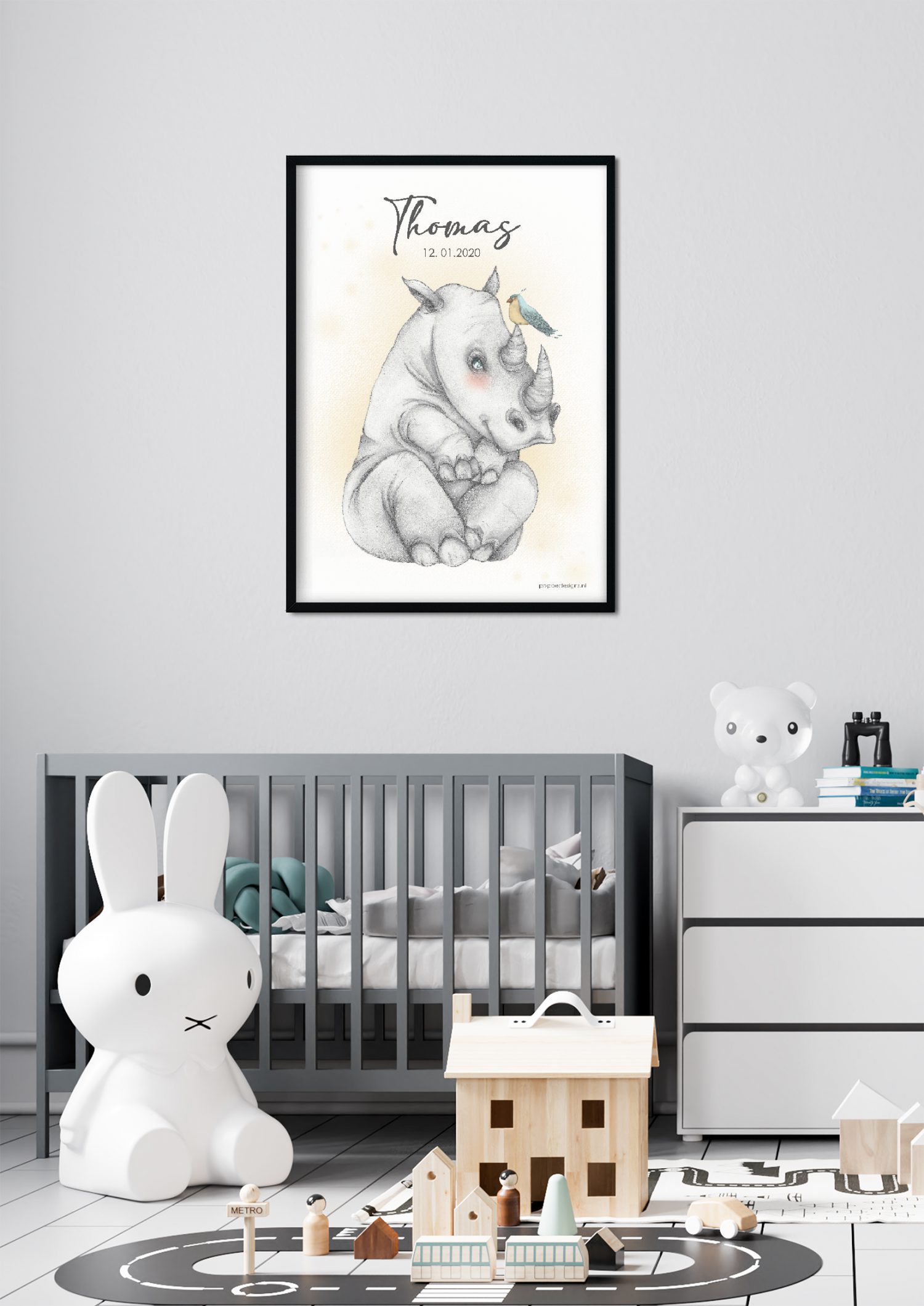 geboorte poster met neushoorn