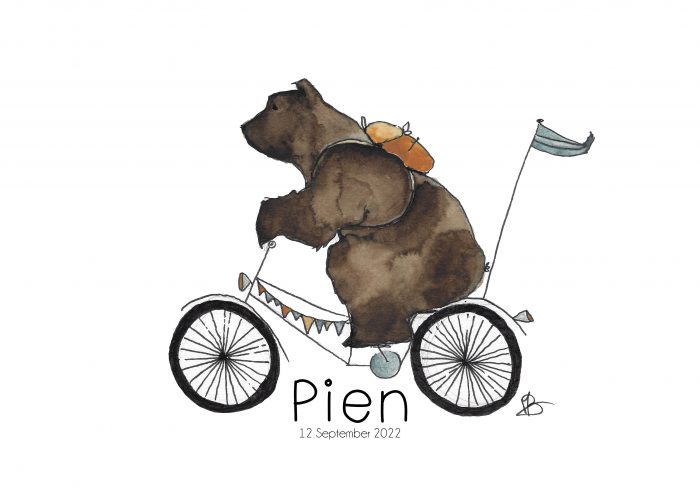 naamposter met een beer op een fiets