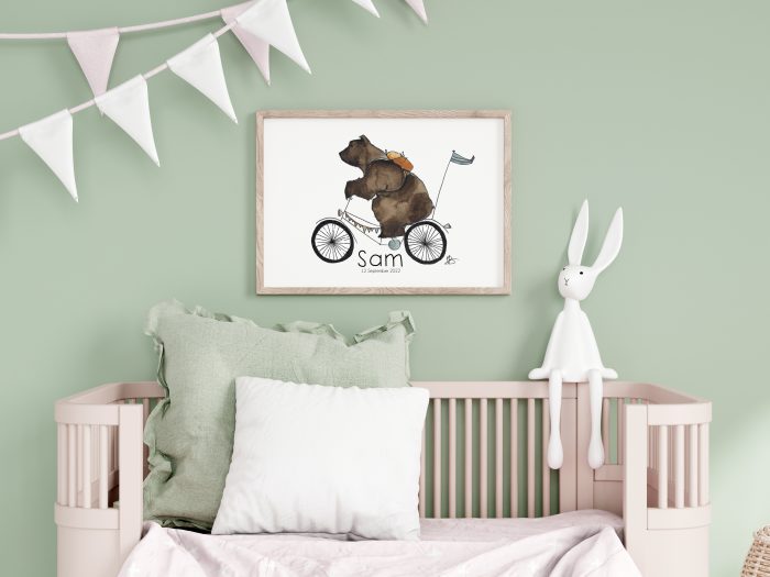 geboorteposter met een beer op een fiets